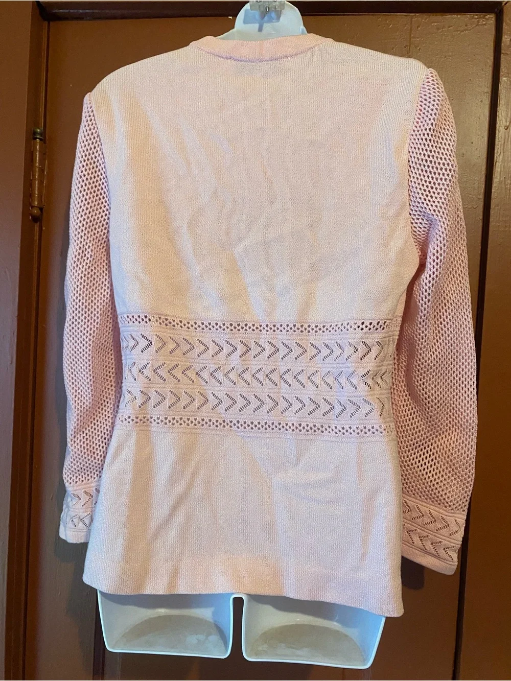 St. John Collection Soft Pink Openwork V-Neck Cardigan with Gold Buttons
